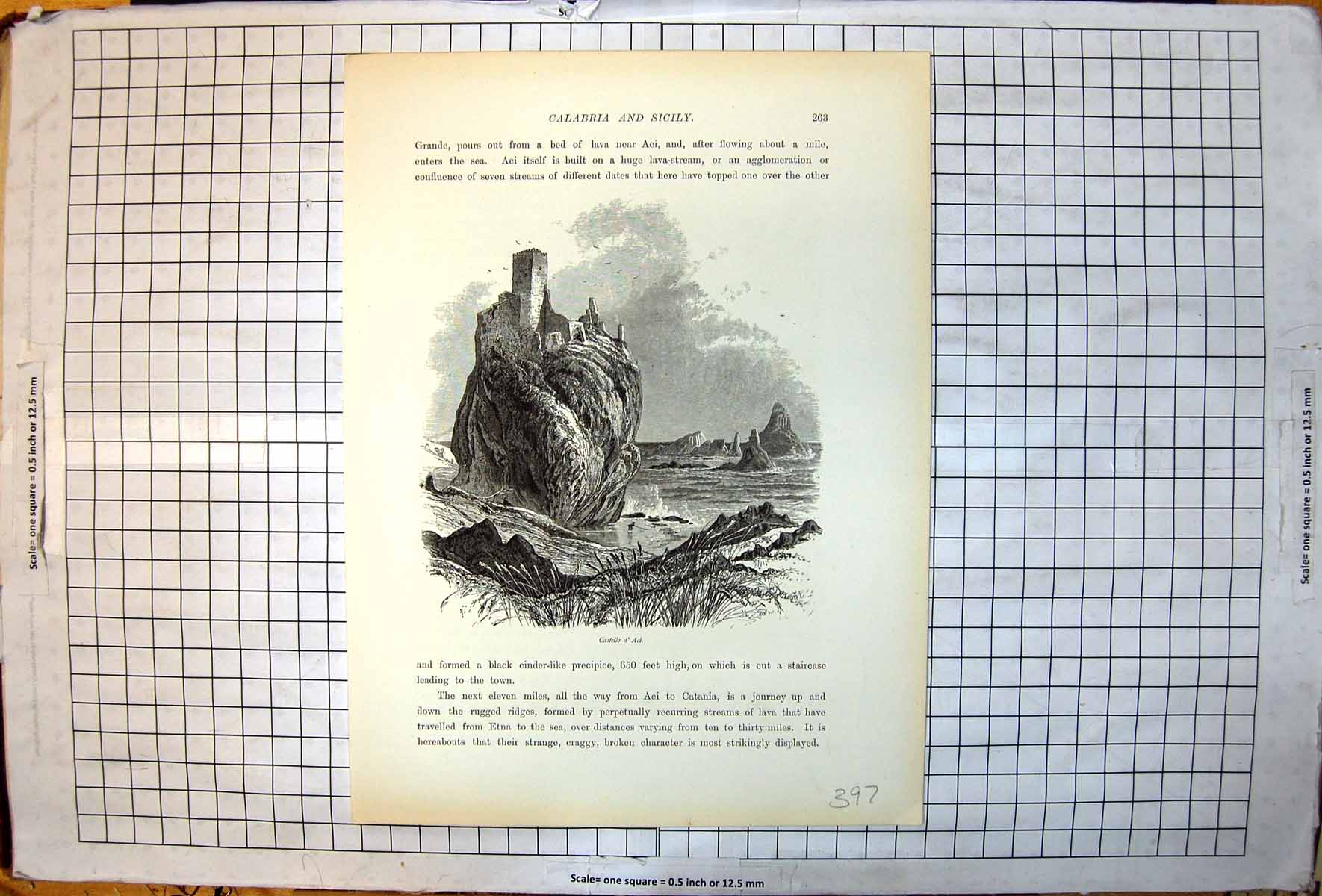 Antique Print Picturesque Europe Castello D'Aci Castle Atop Lava Formation