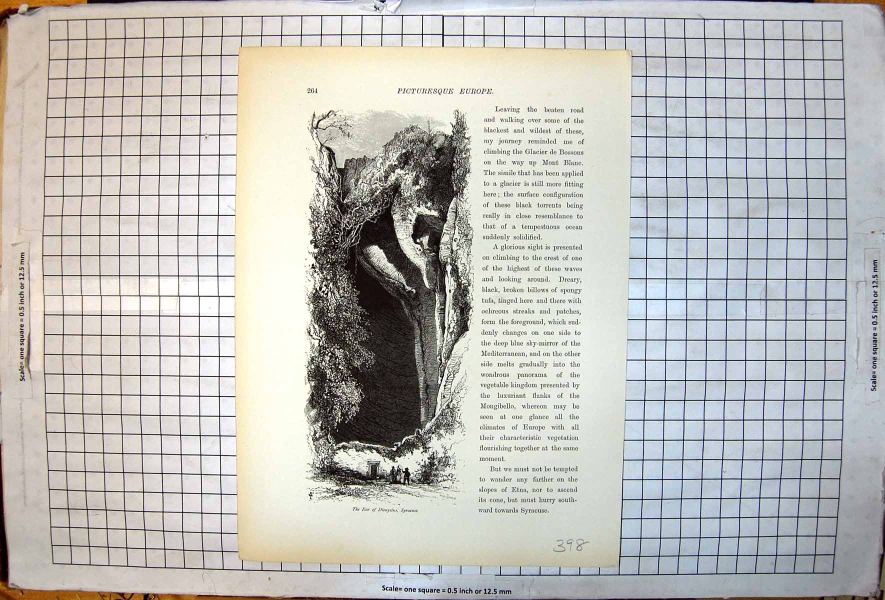 Antique Old Print Picturesque Europe Ear Dionysius Syracuse Rock Formation
