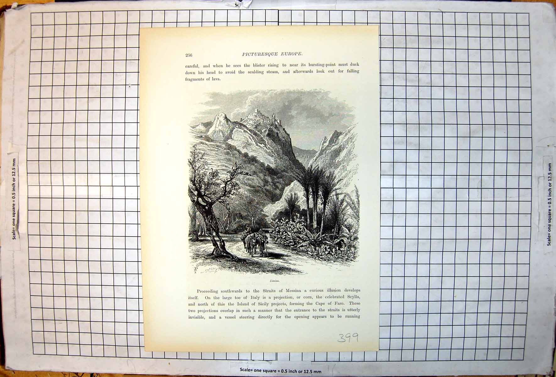 Old Print Picturesque Europe Limino Buildings Hillside Mule Carrying Load