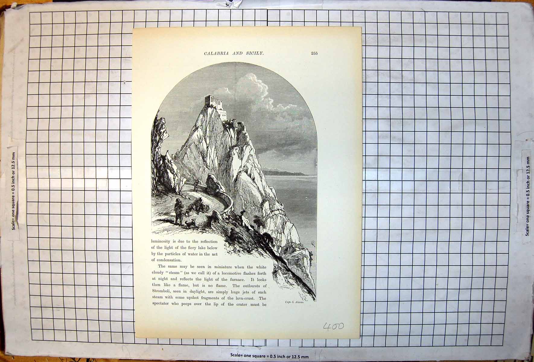 Antique Old Print Picturesque Europe Capo S Alessto Buildings Atop Rocky Crag