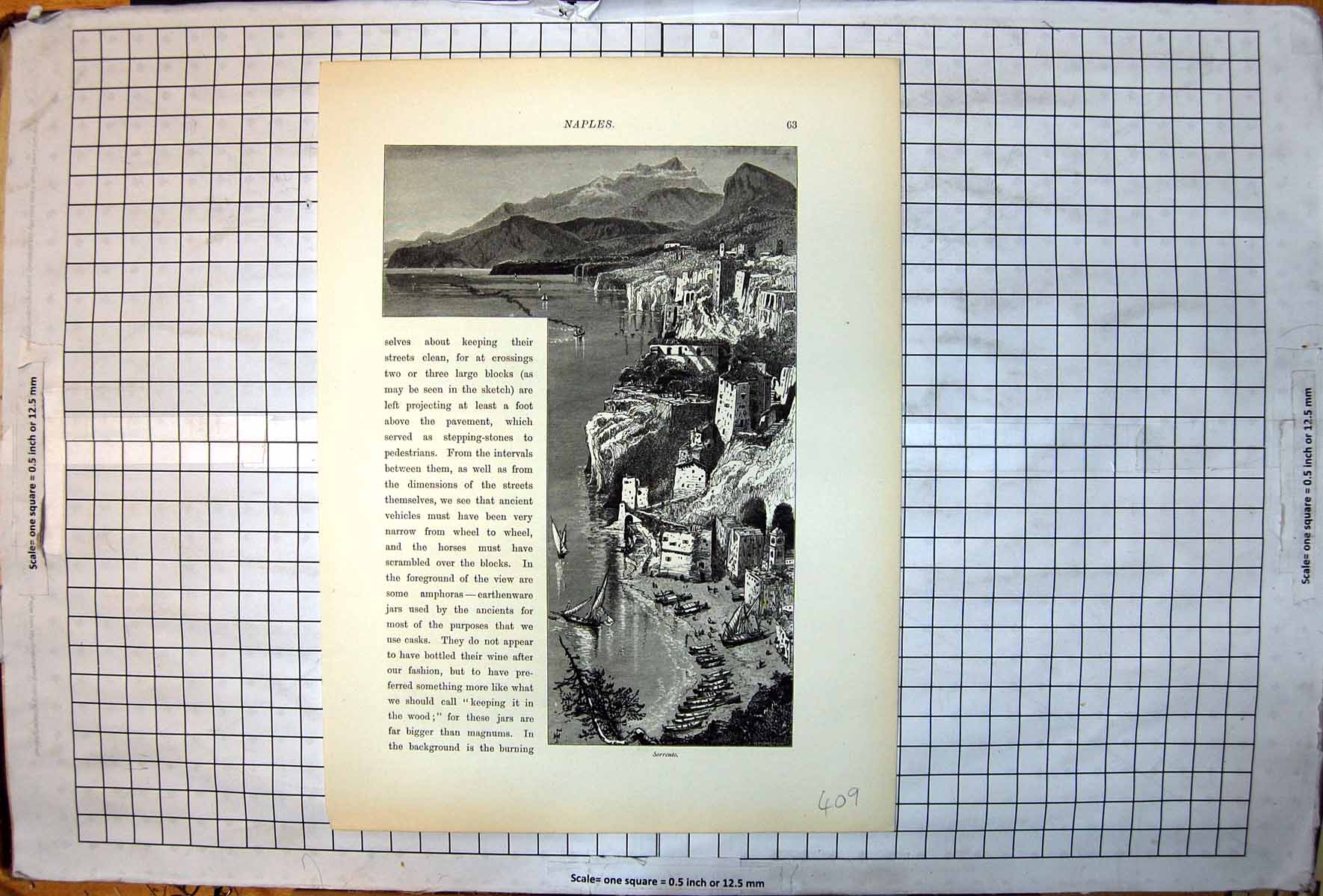 Antique Print Sorrento Sail Boat Bay Boats Ashore Buildings Rocky Headland