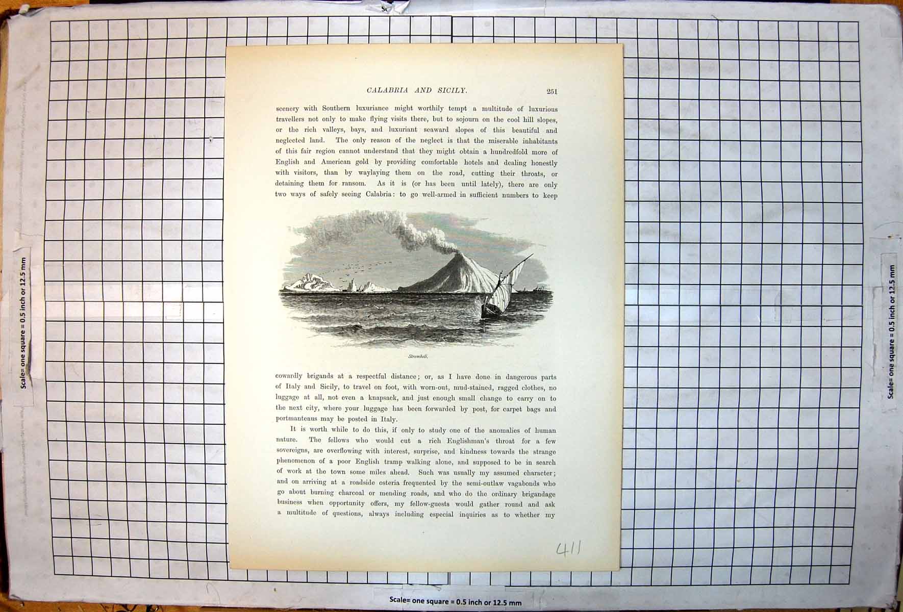 Antique Old Print Picturesque Europe Stromboli Volcano Venting Ash Sail Boat