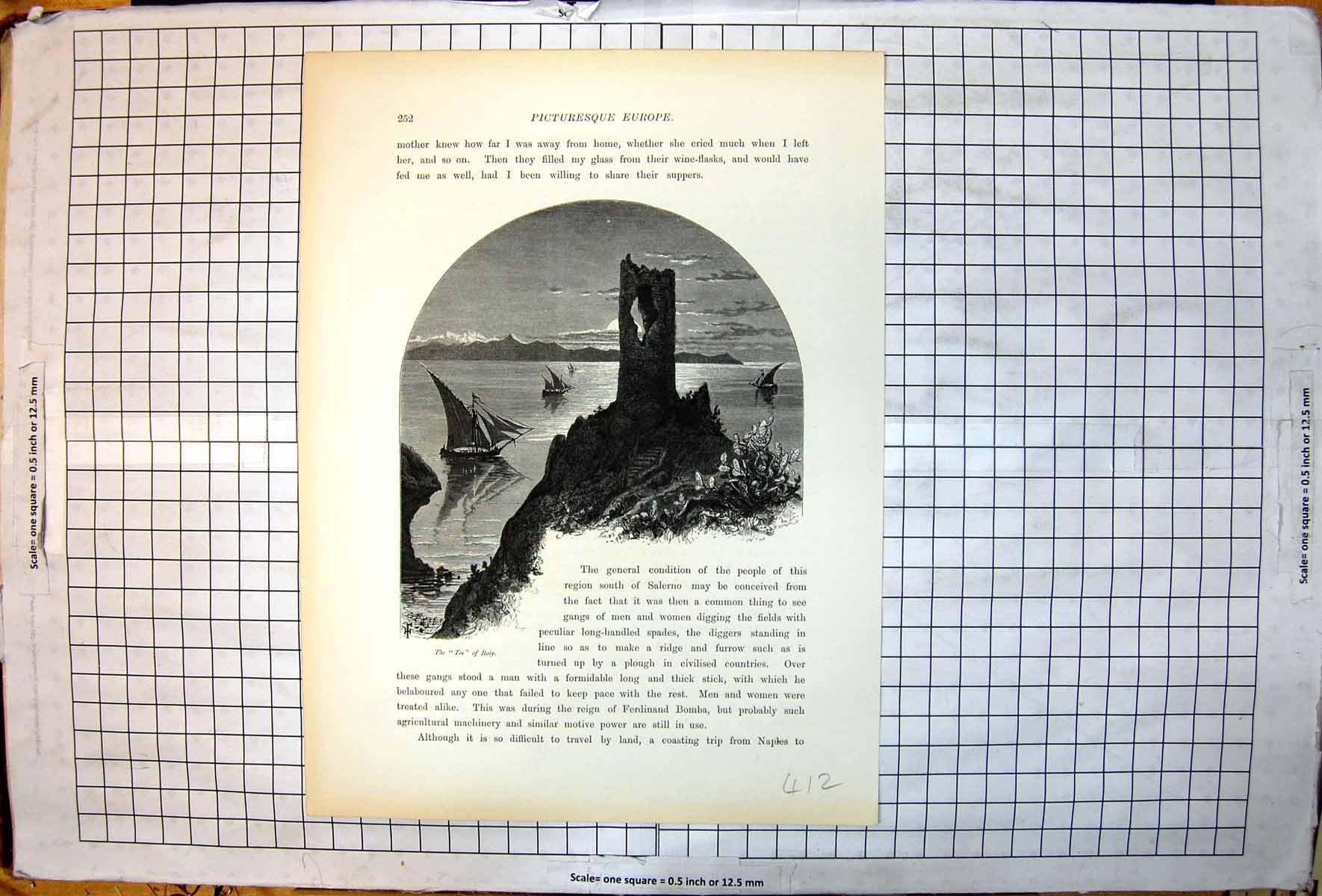 Old Antique Print Picturesque Europe Toe Italy Sailboats Ruin Steps Cacti