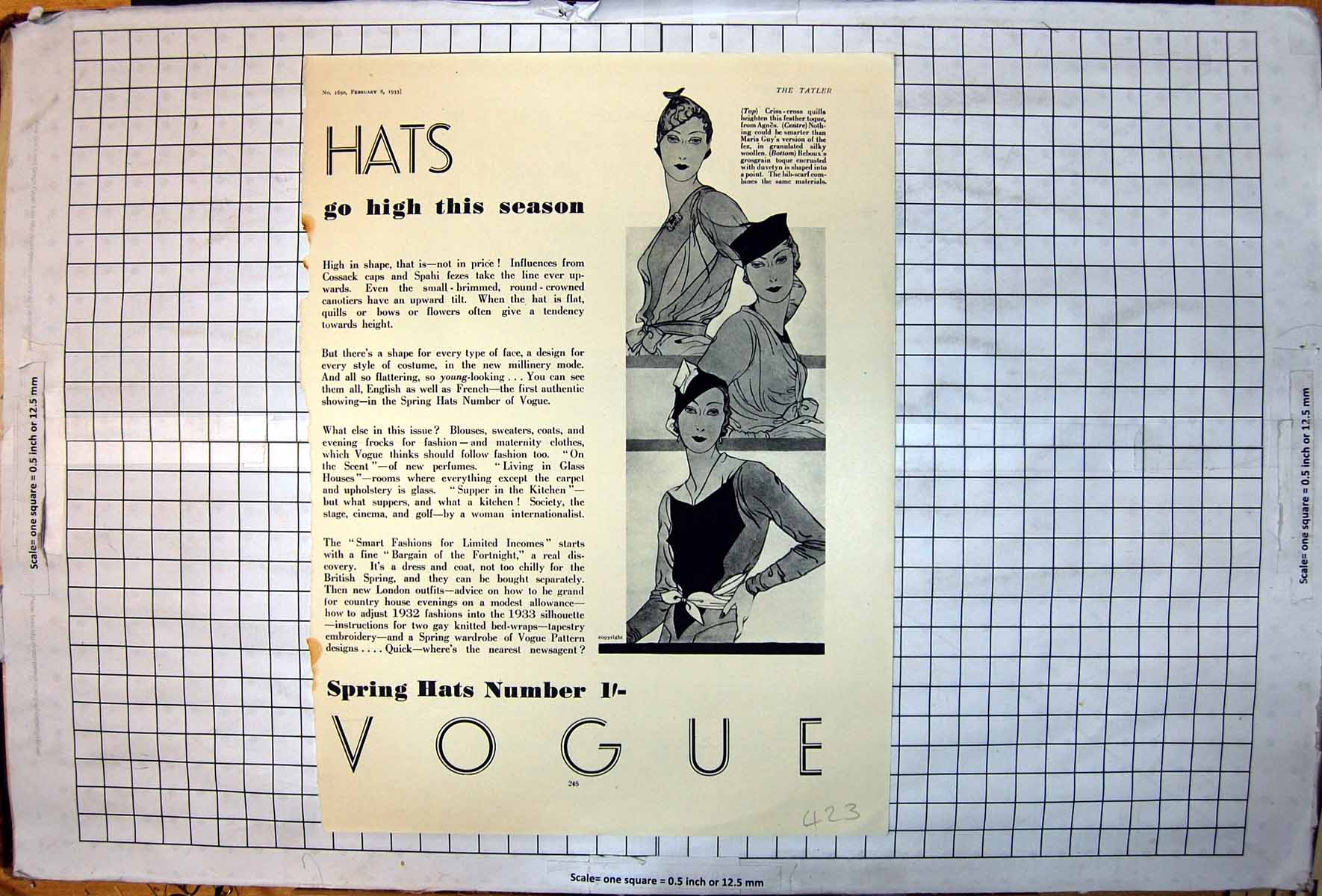 Old Print Hats Vogue Criss-Cross Quills Fez Style Agnes Reboux Toque 1933 20th