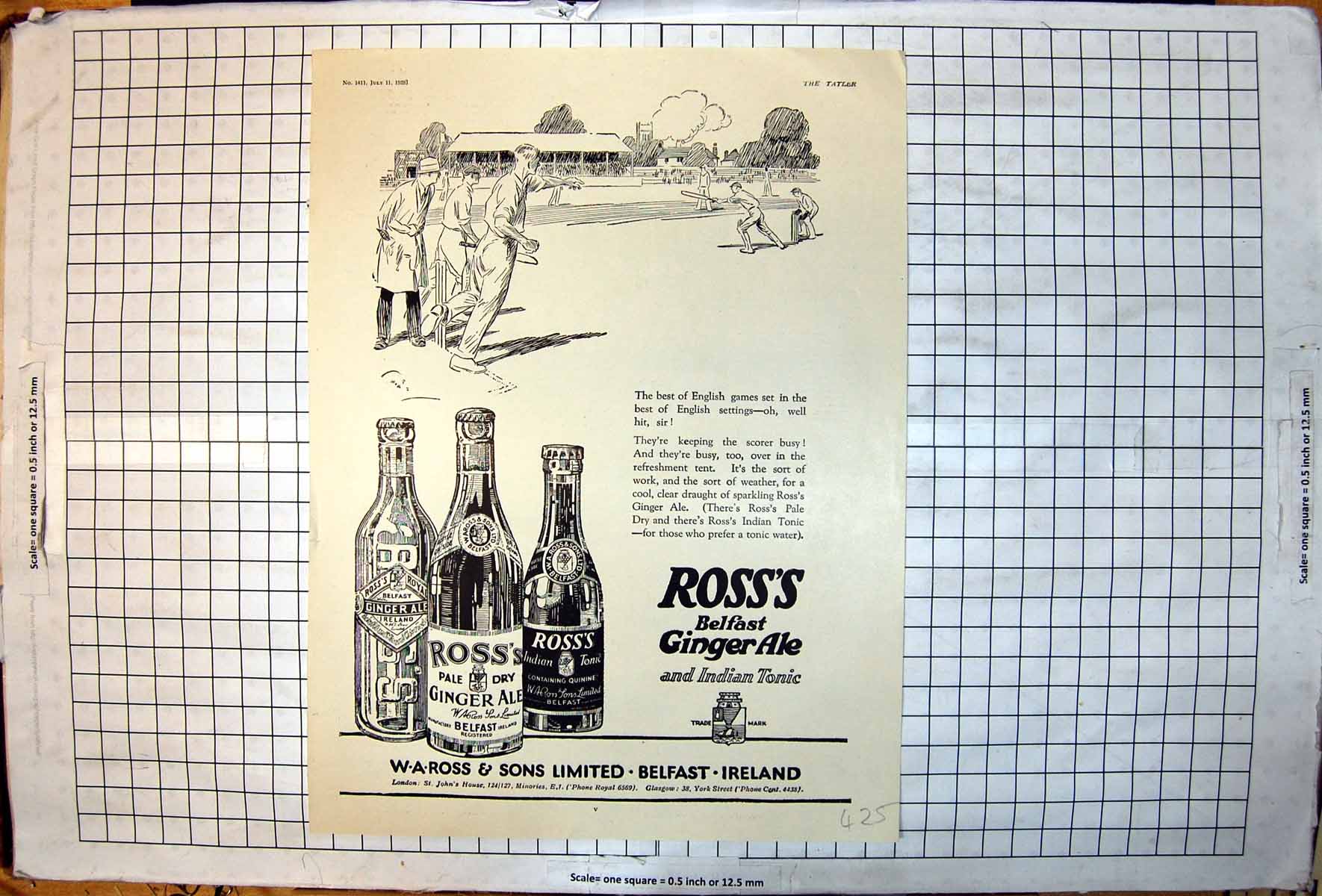 Old Print Cricket Match Advert Ross'S Belfast Ginger Ale Tonic Water 1928 20th