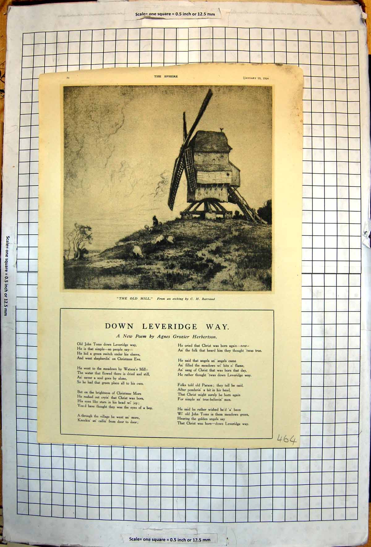 Antique Old Print The Mill Etching C H Barraud Windmill Hill Sails Sheep 1924