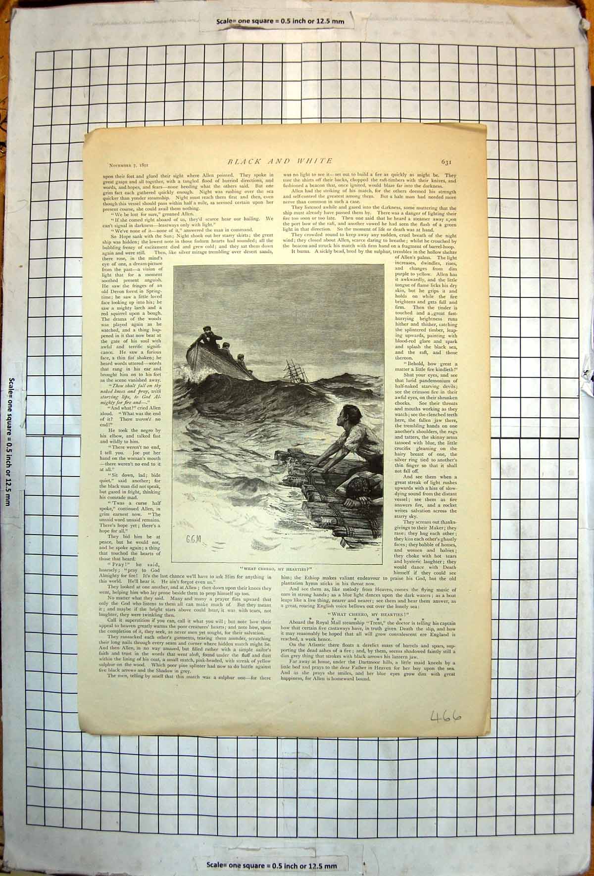 Old Raft At Sea Shipwrecked Men Aboard Ship Distance Boat Rescue 1891 Victorian