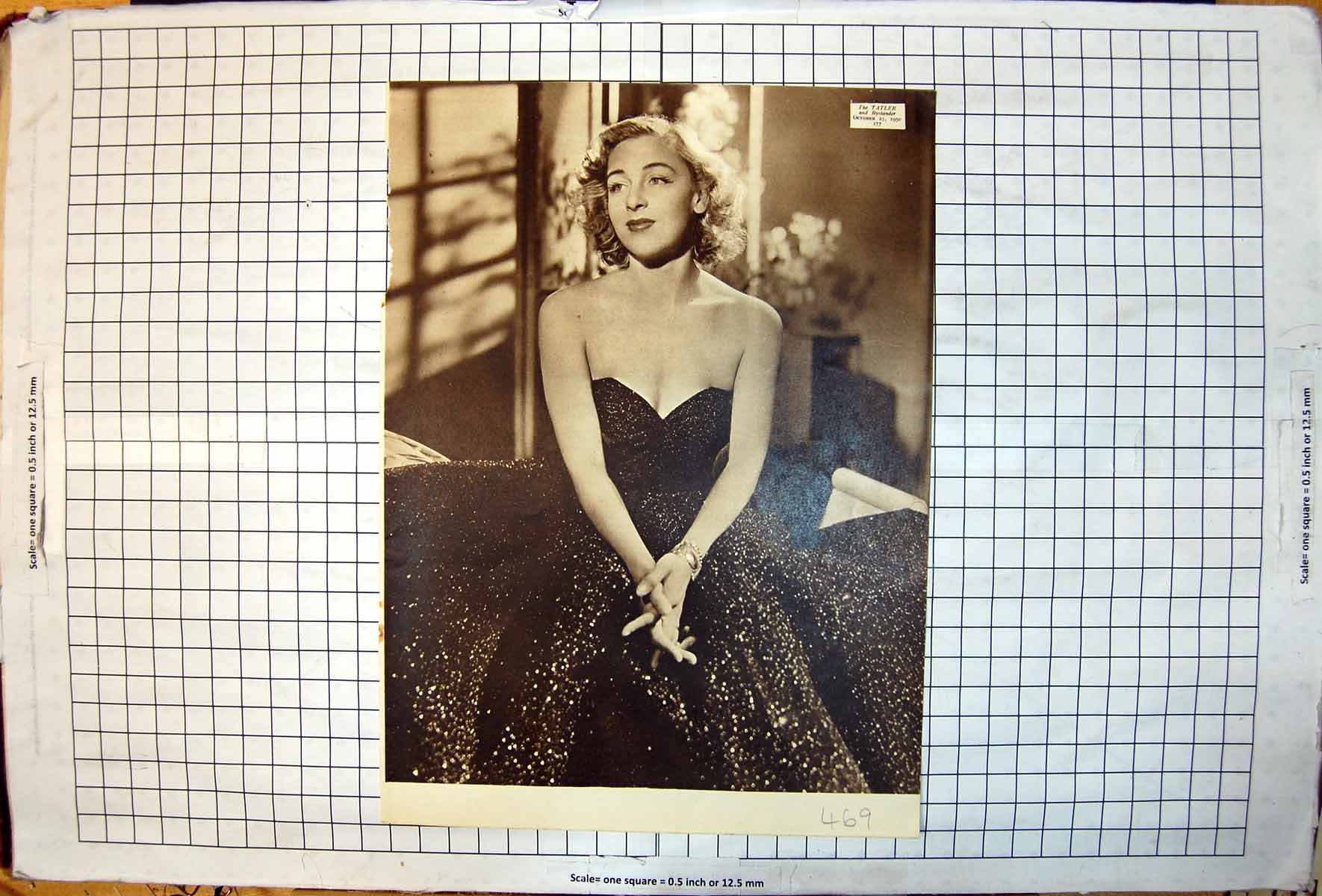 Antique Old Print Lady Sequinned Dress Bracelet Portrait Tatler October 1950