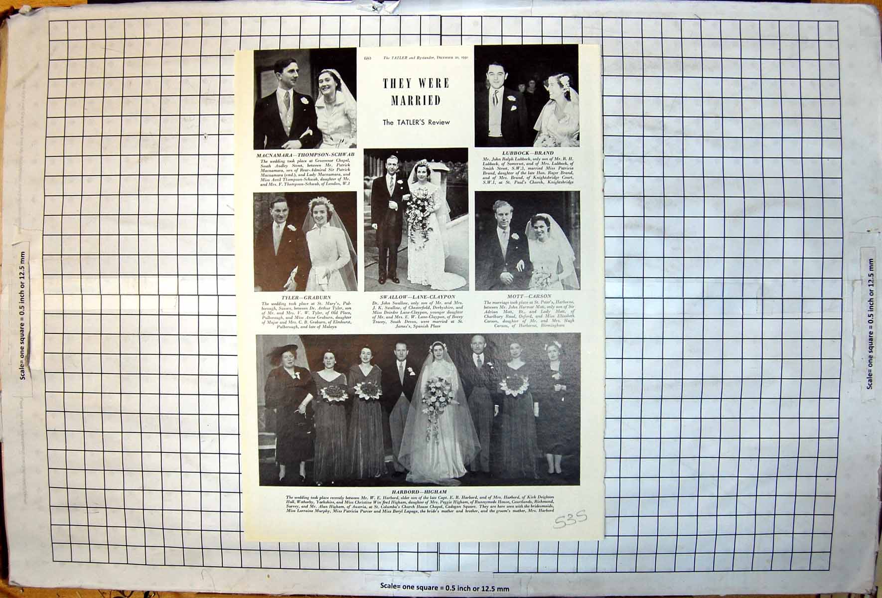 Antique Print Tatler Review Marriages Harbord Swallow Tyler Macnamara 1950 20th