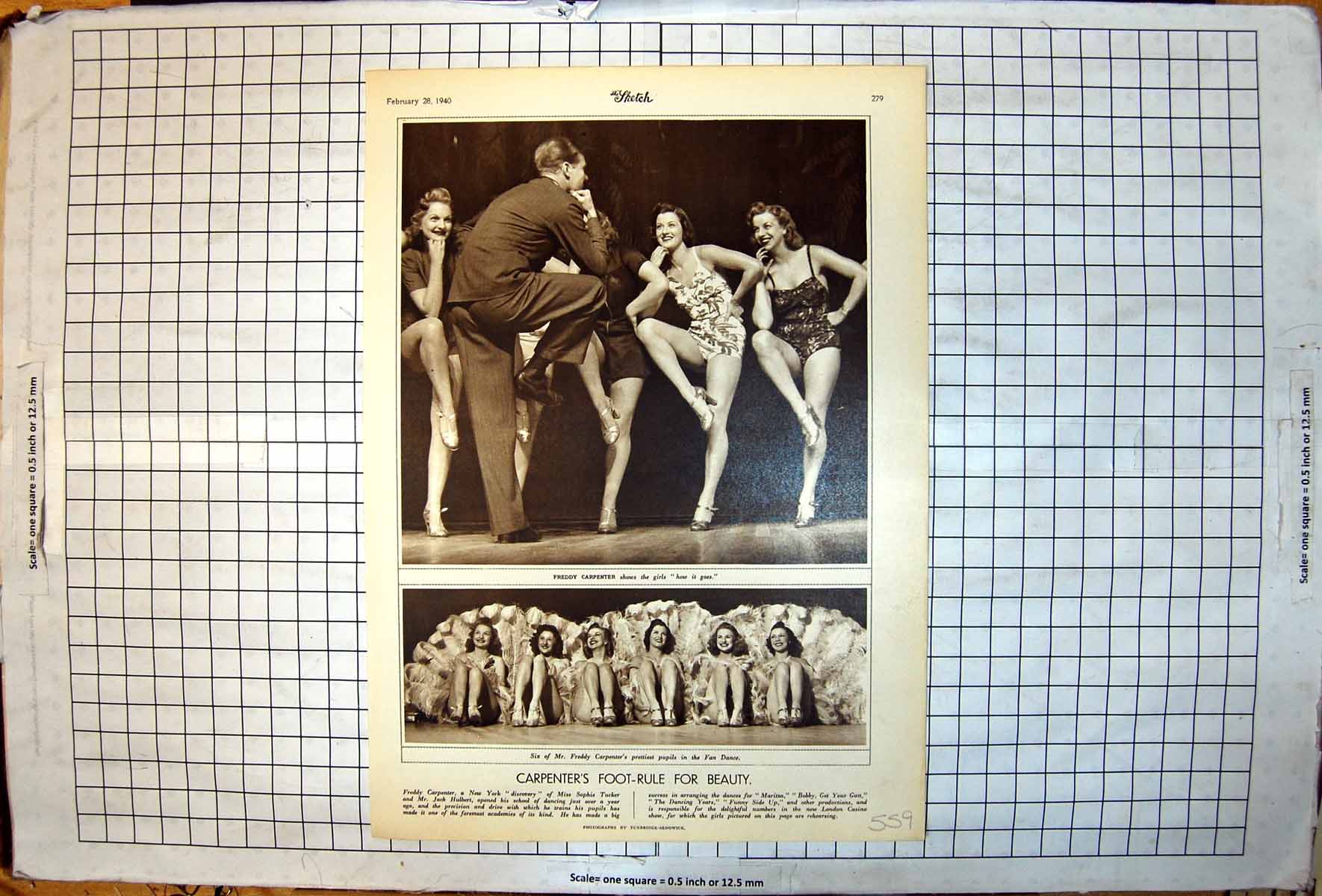 Antique Old Print Carpenter'S Foot Rule For Beauty Fan Dance Legs Chorus 1940