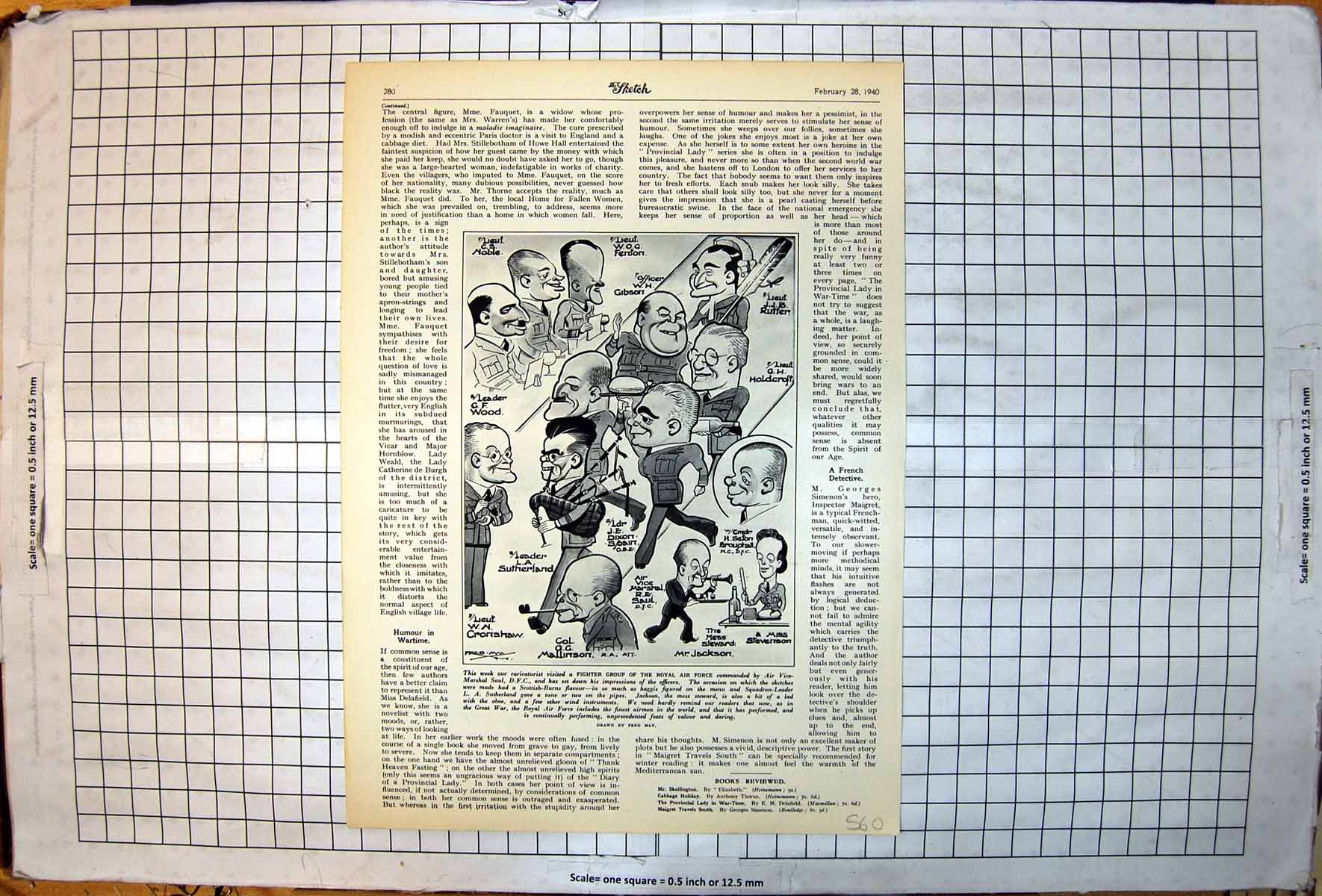 Old Print Fred May Drawing Caricatures Fighter Group Royal Air Force 1940 20th