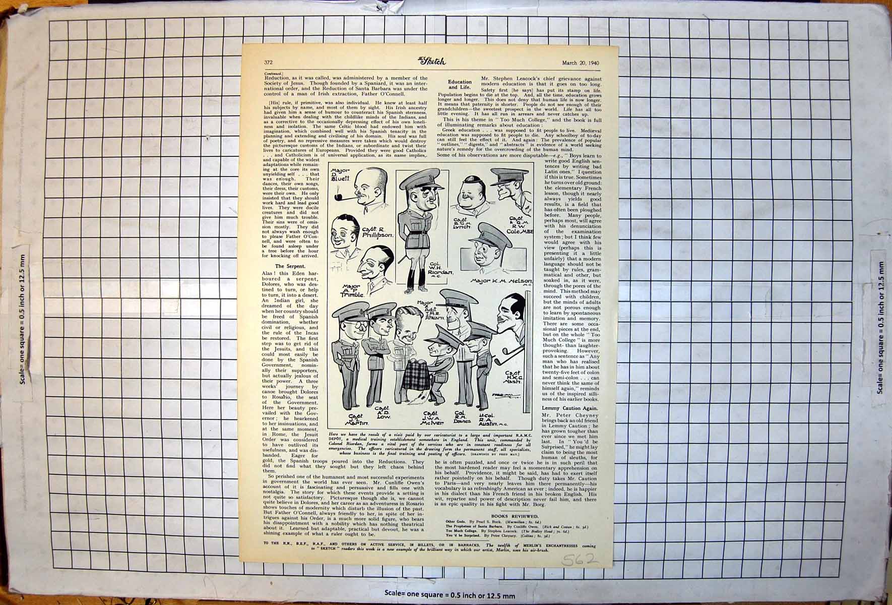 Antique Print Fred May Drawing Caricatures RAMC Depot Colonel Riordan 1940 20th
