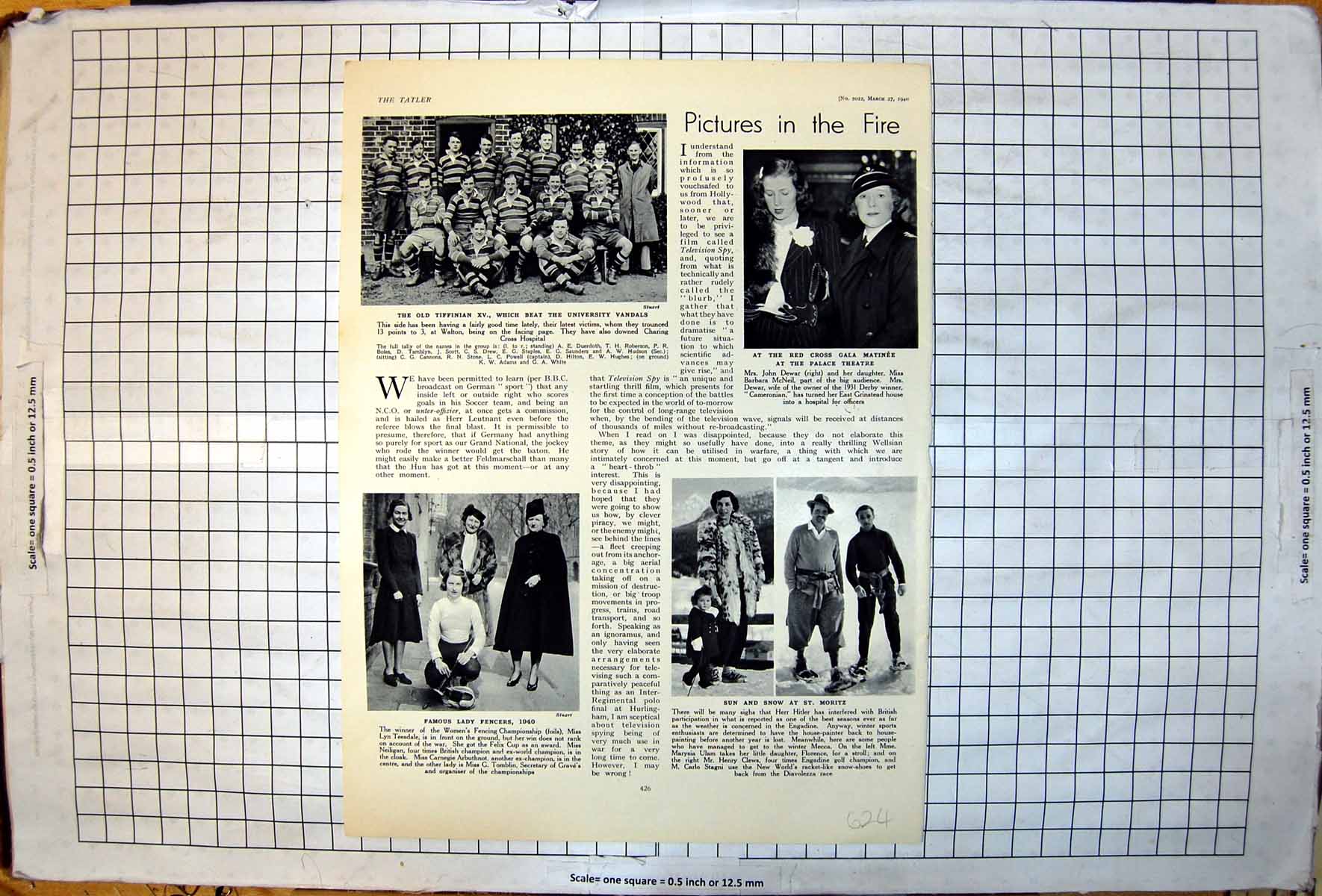 Old Print Tiffinian Xv Famous Lady Fencers St Moritz Snow Red Cross 1940 20th