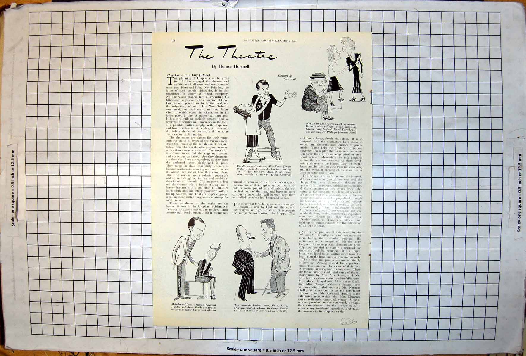 Antique Old Print Tom Titt Sketches Theatre Googie Withers John Clements 1943
