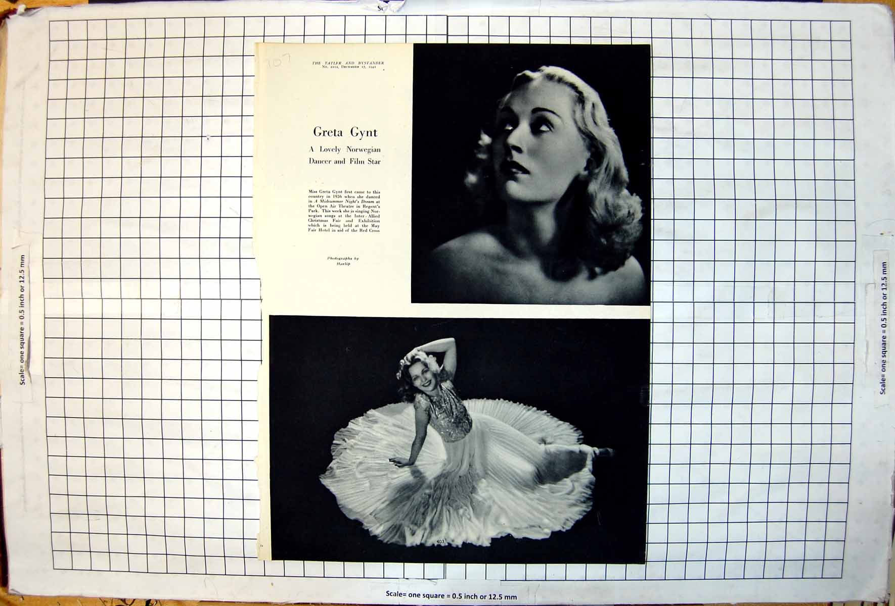 Antique Old Print Greta Gynt Norwegian Dancer Film Star Portrait Dress 1941