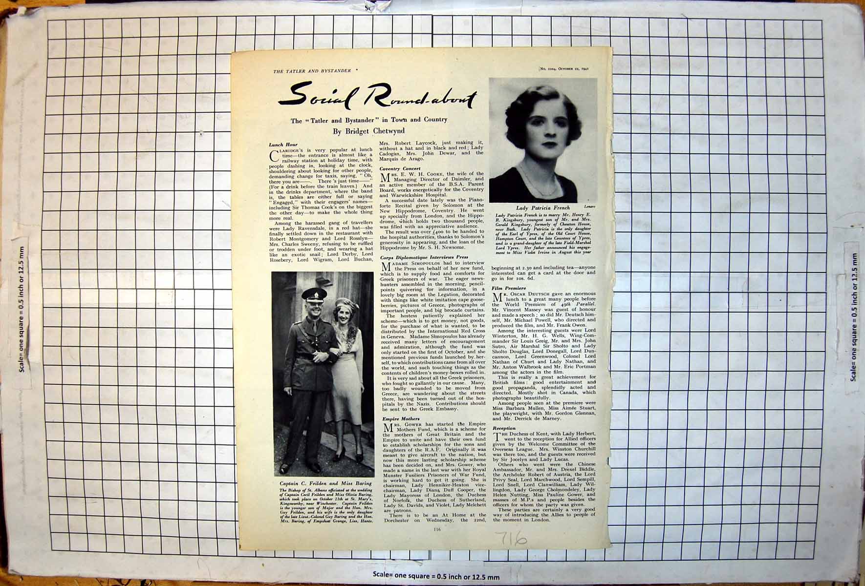 Old Print Social Rounds Lady Patricia French Captain C Feilden Miss Baring 1941