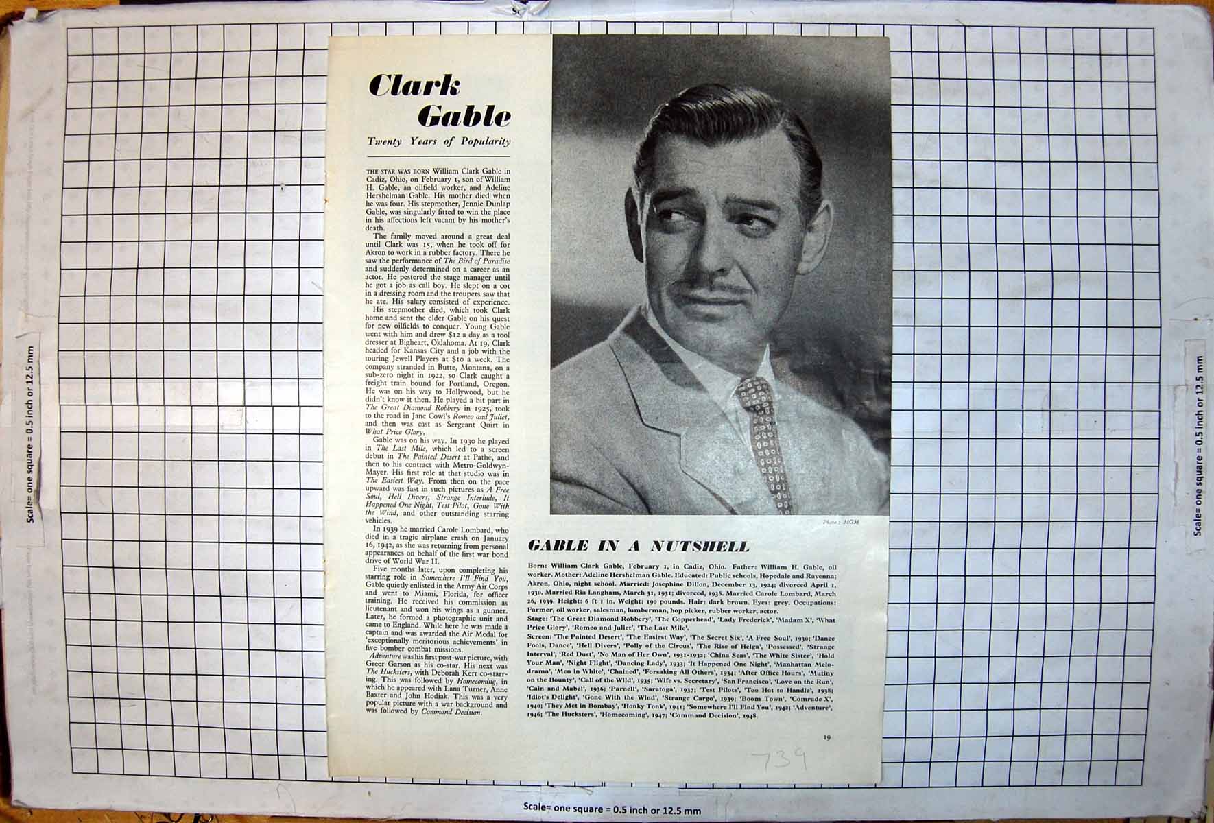 Antique Old Print Clark Gable 20 Years Popularity Portrait Mgm Information