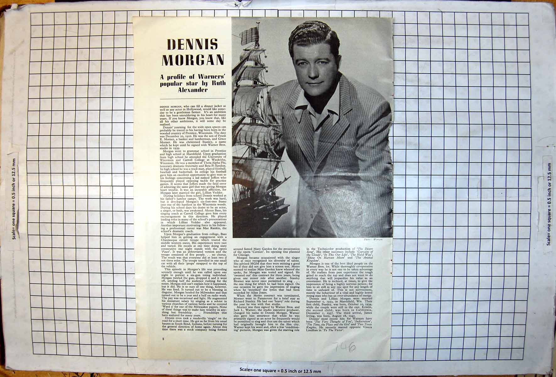 Antique Old Print Dennis Morgan Profile Warners Popular Star With Model Ship
