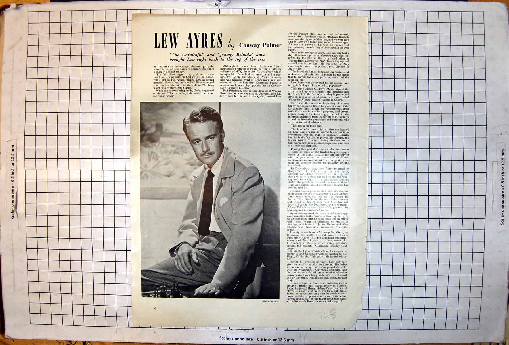 Antique Old Print Lew Ayres Photo Warners Seated Chessboard Accompanying Text