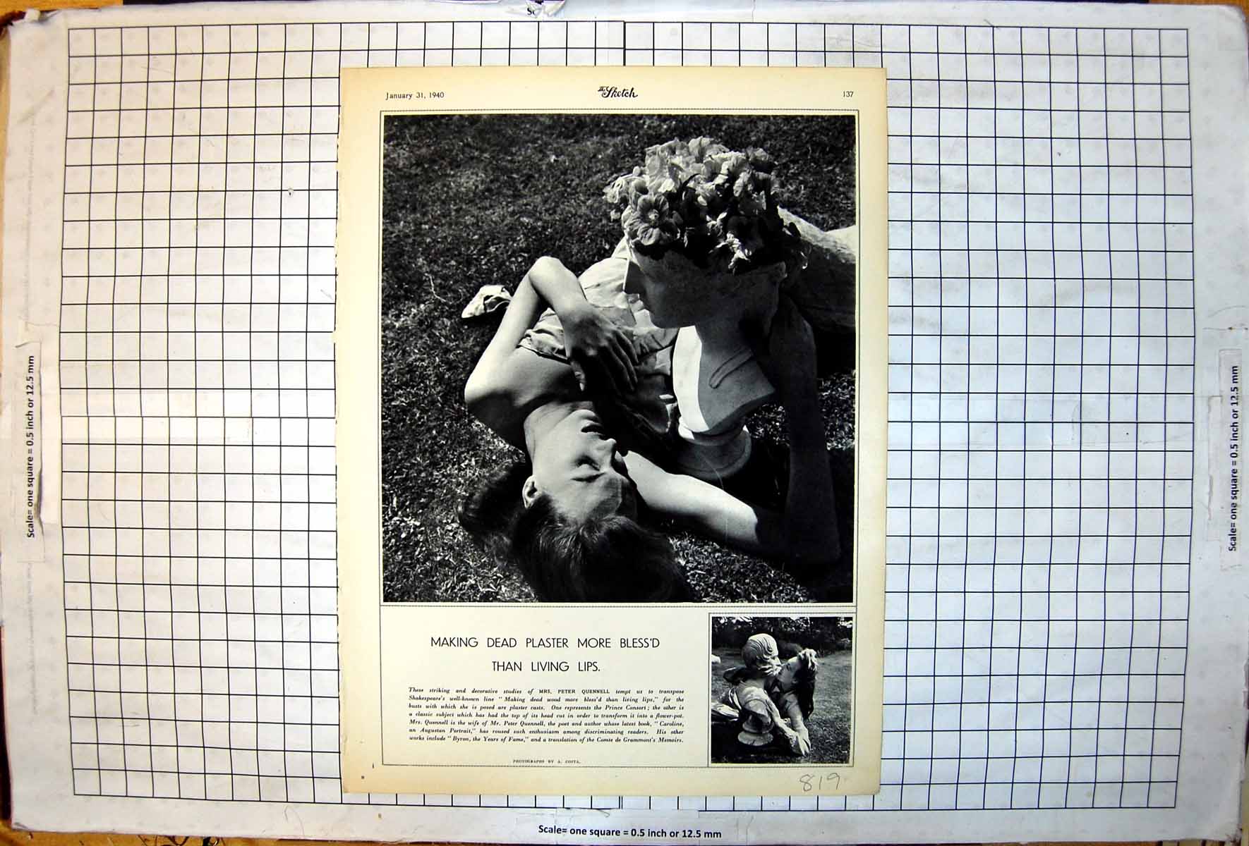 Antique Print Mrs Peter Quennellposing With Plaster Cast Busts Kissing 1940