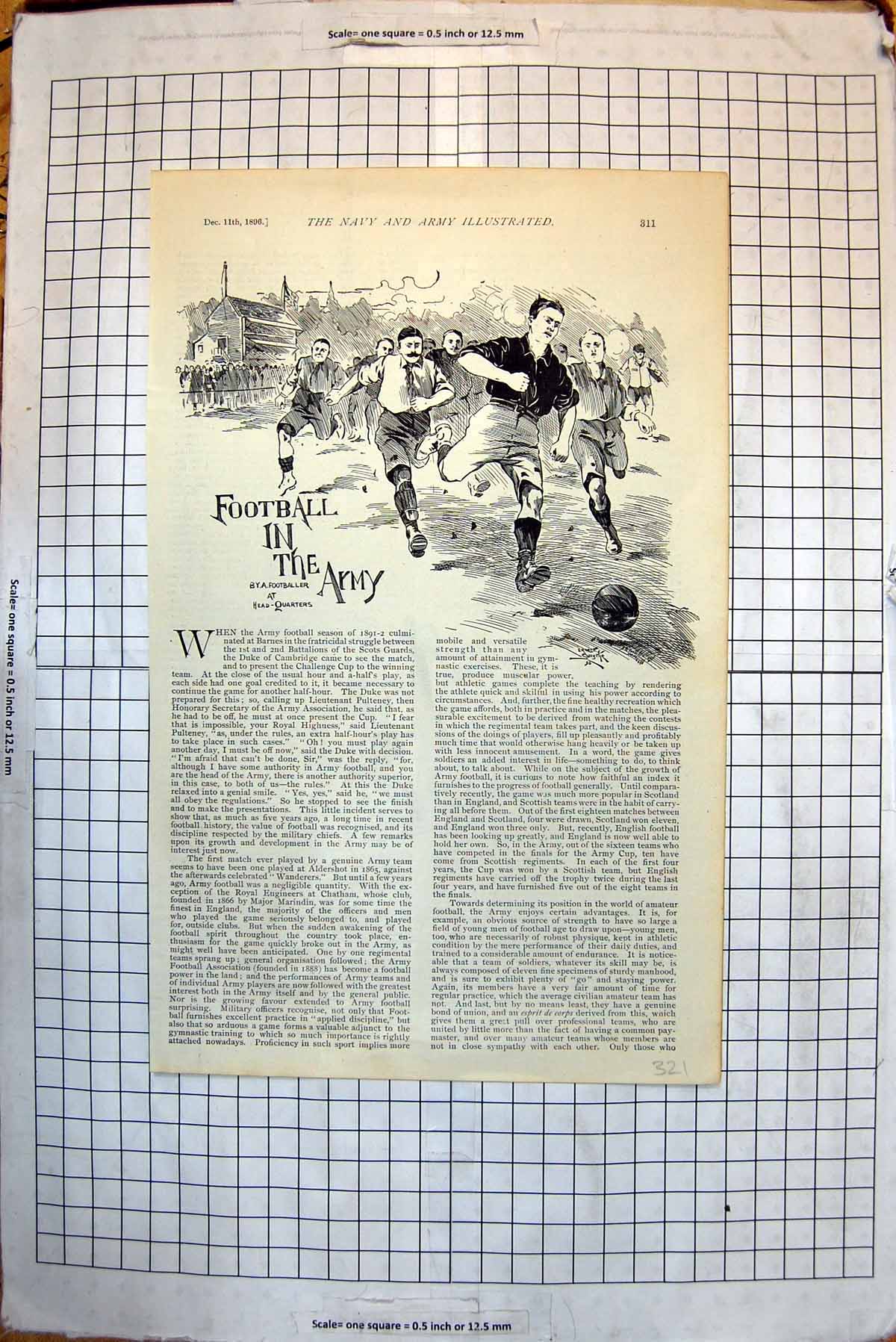 Original Old Antique Print Football In Army By Footballer Head-Quarters 1896