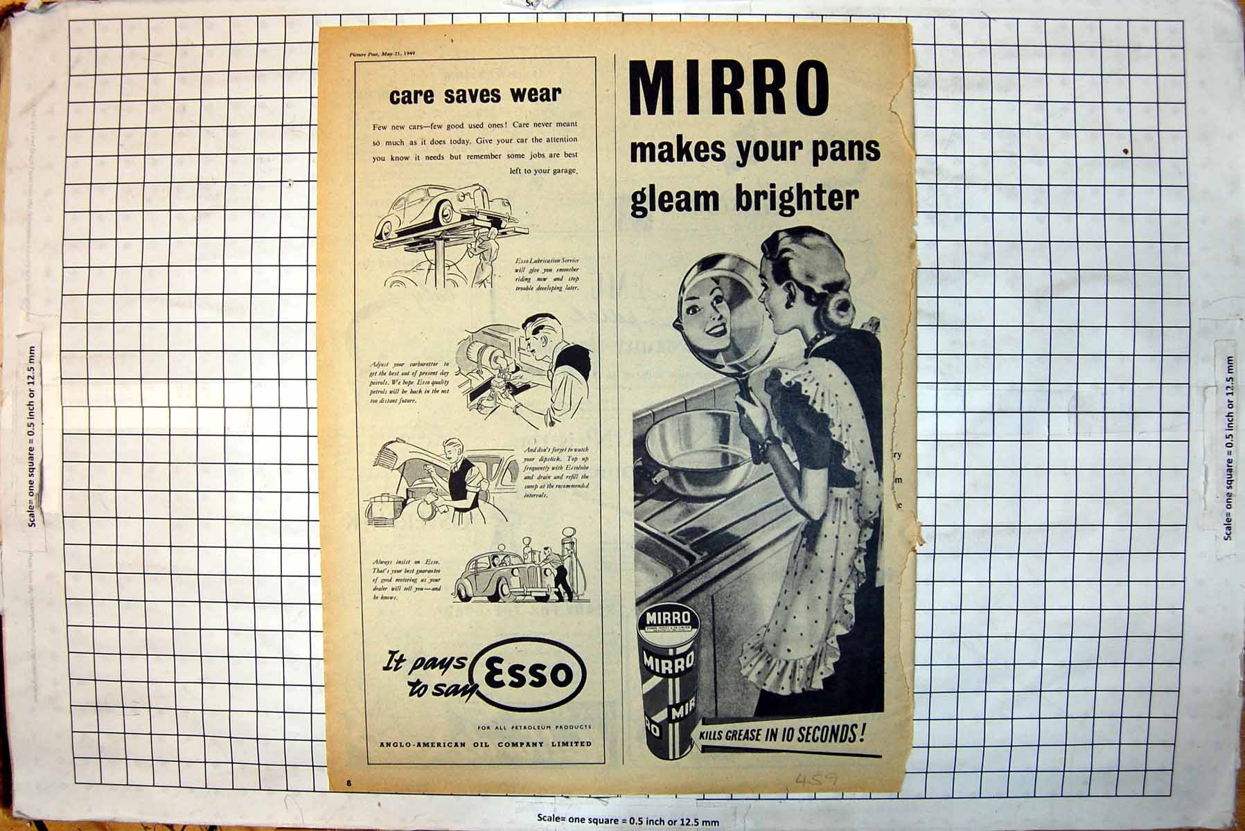 Old Print Esso Mirro Pans Genasprin Headaches Kiwi Polish Ostermilk 1949 20th