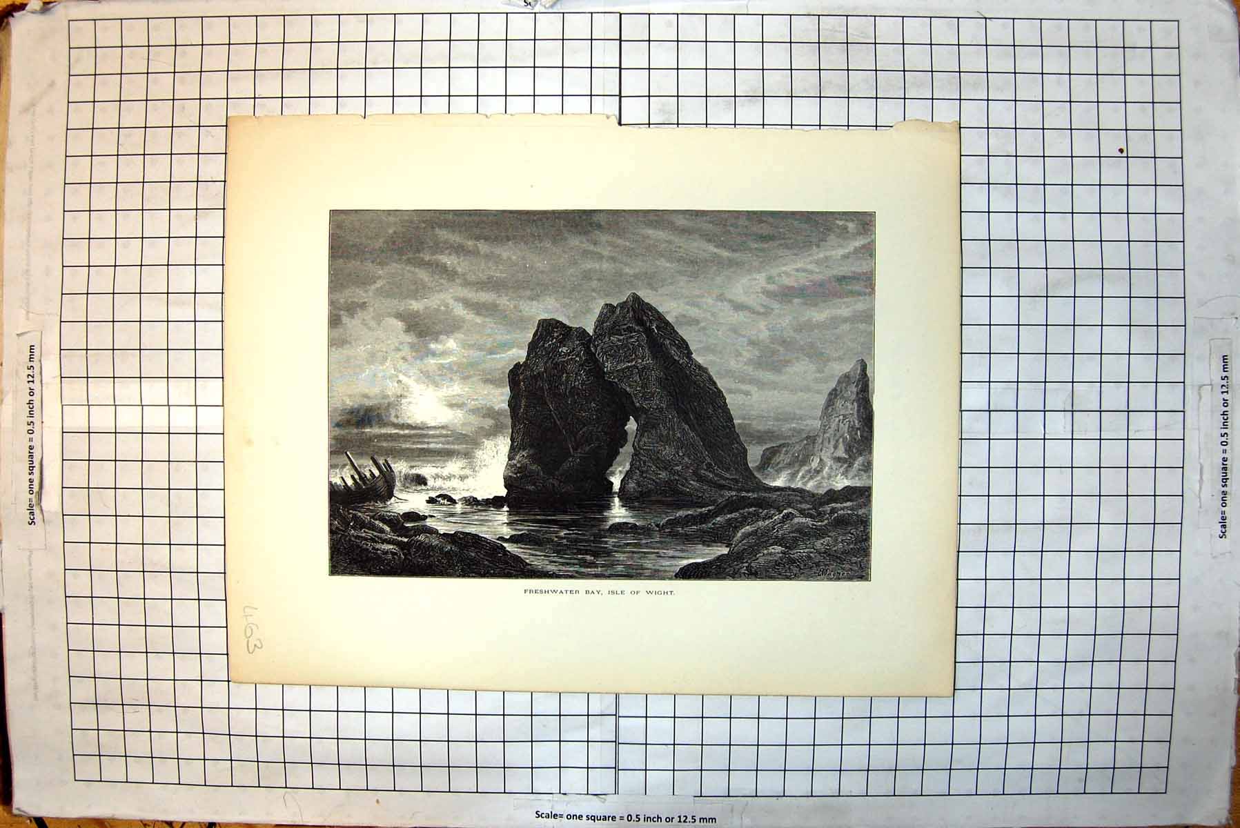Old Antique Print Freshwater Bay Isle Wight View Entrance Shanklin Chine