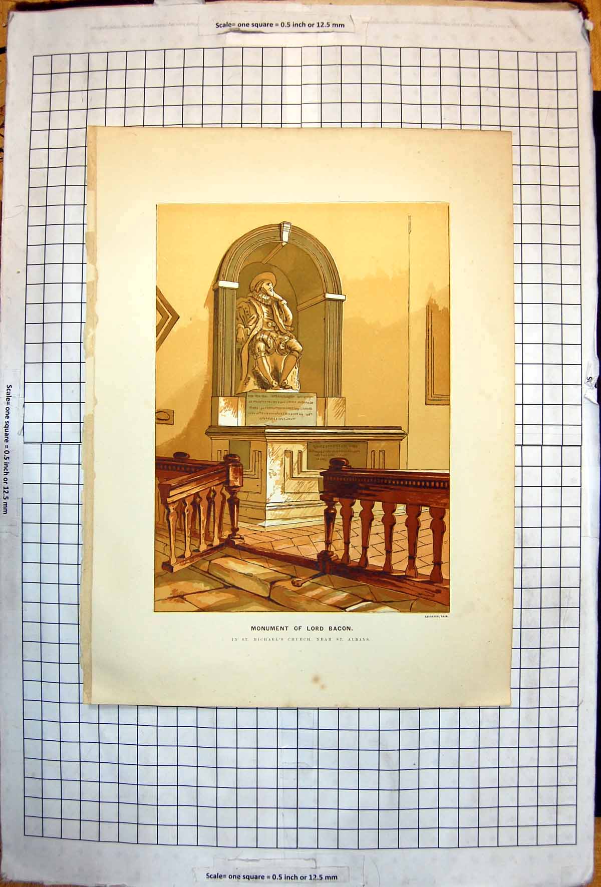 Old Antique Print Monument Lord Bacon St Michaels Church Near St Albans
