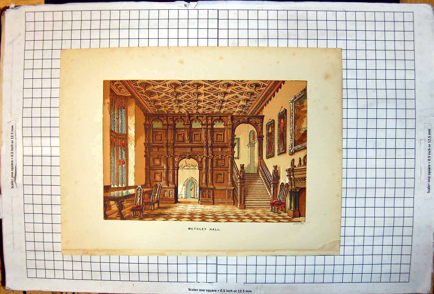 Original Old Antique Print Methley Hall Staircase Portraits Walls Table Chairs