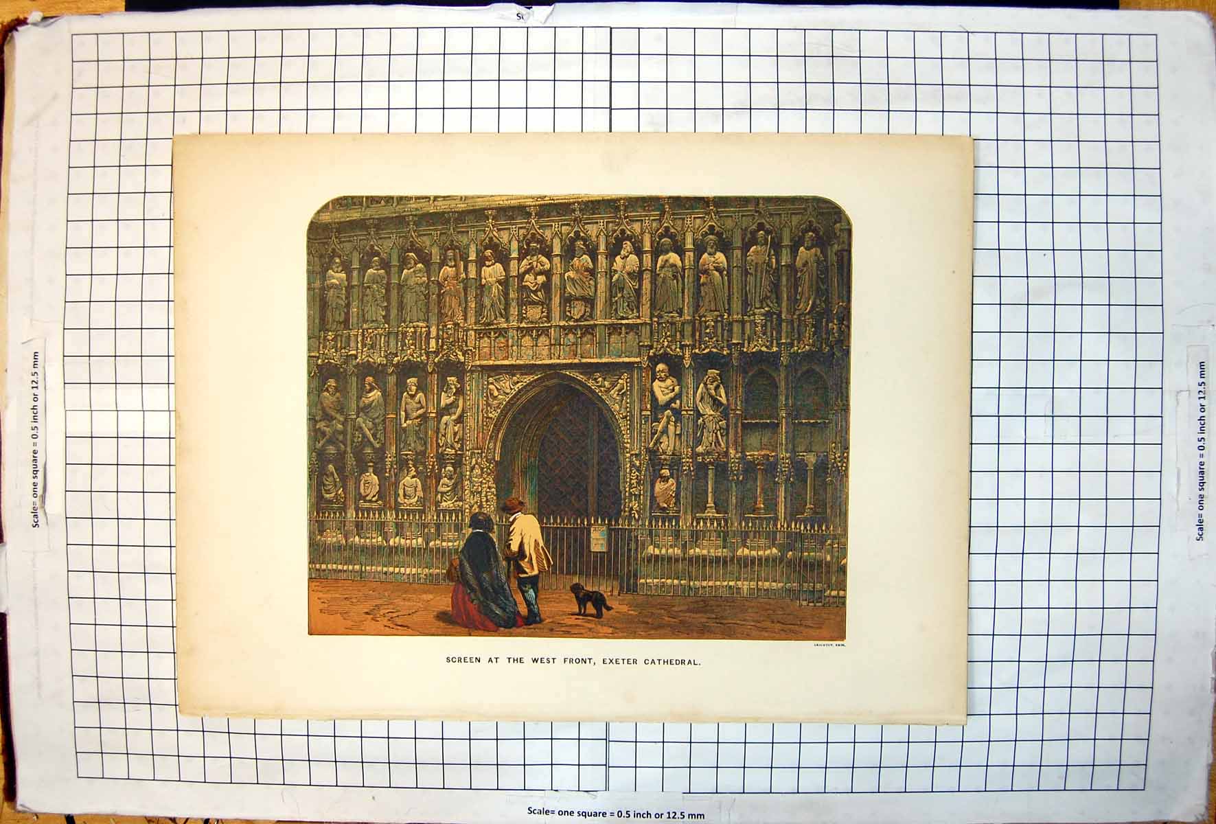 Original Old Antique Print Screen West Front Exeter Cathedral Sculptures Walls