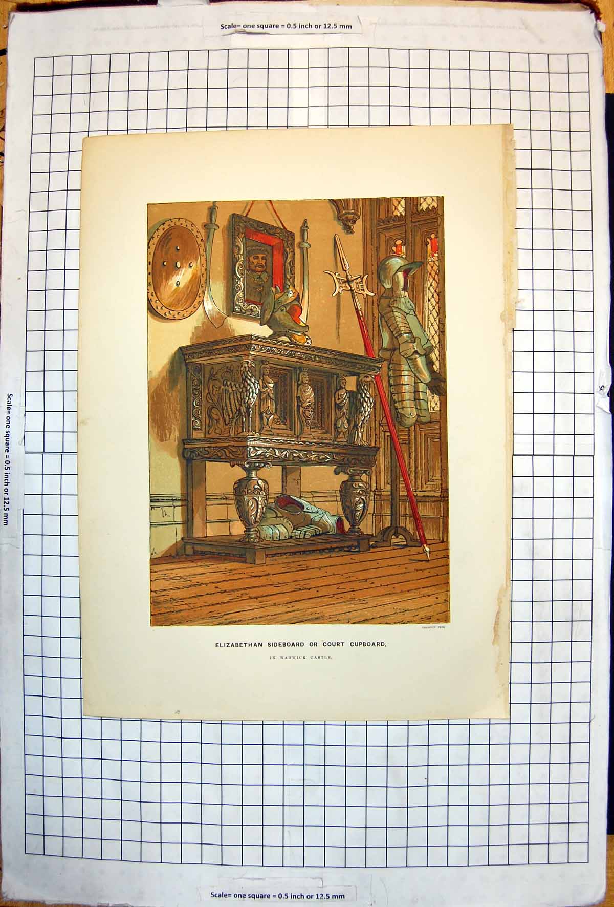 Old Antique Print Elizabethan Sideboard Or Court Cupboard Warwick Castle