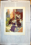 Original Old Antique Print Lecture Mother Cat Three Kittens Steps