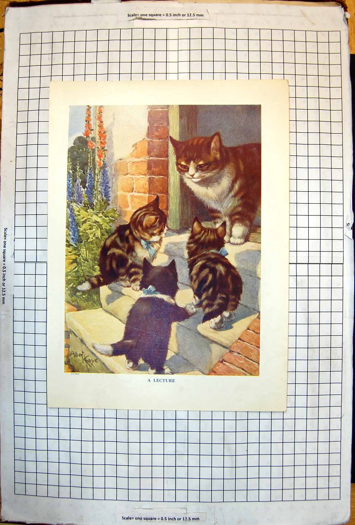 Original Old Antique Print Lecture Mother Cat Three Kittens Steps