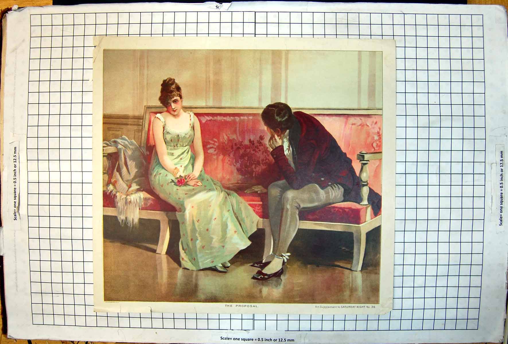 Old Antique Print Proposal Lady Rose Looking Sad Man Sits Seat Beside Her