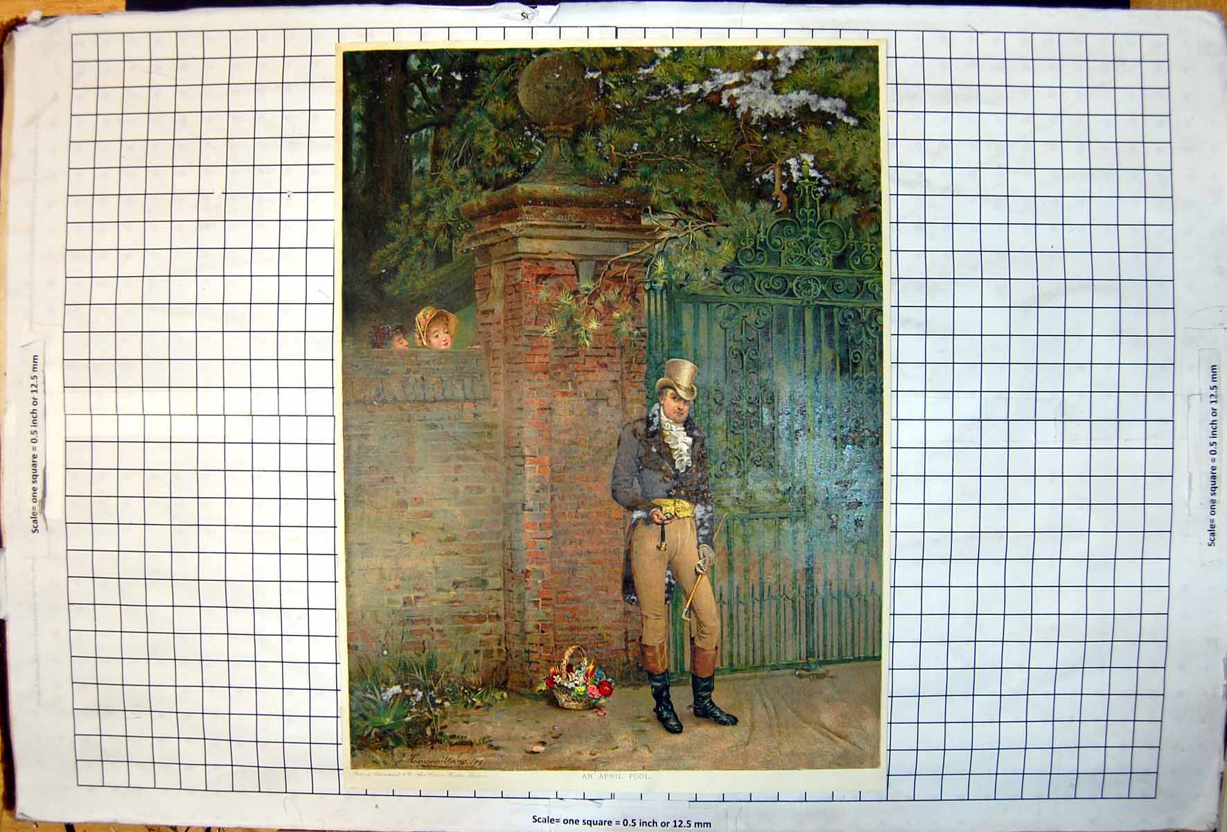 Old April Fool Man Riding Hat Outside Gate Basket Flowers Girls Insid