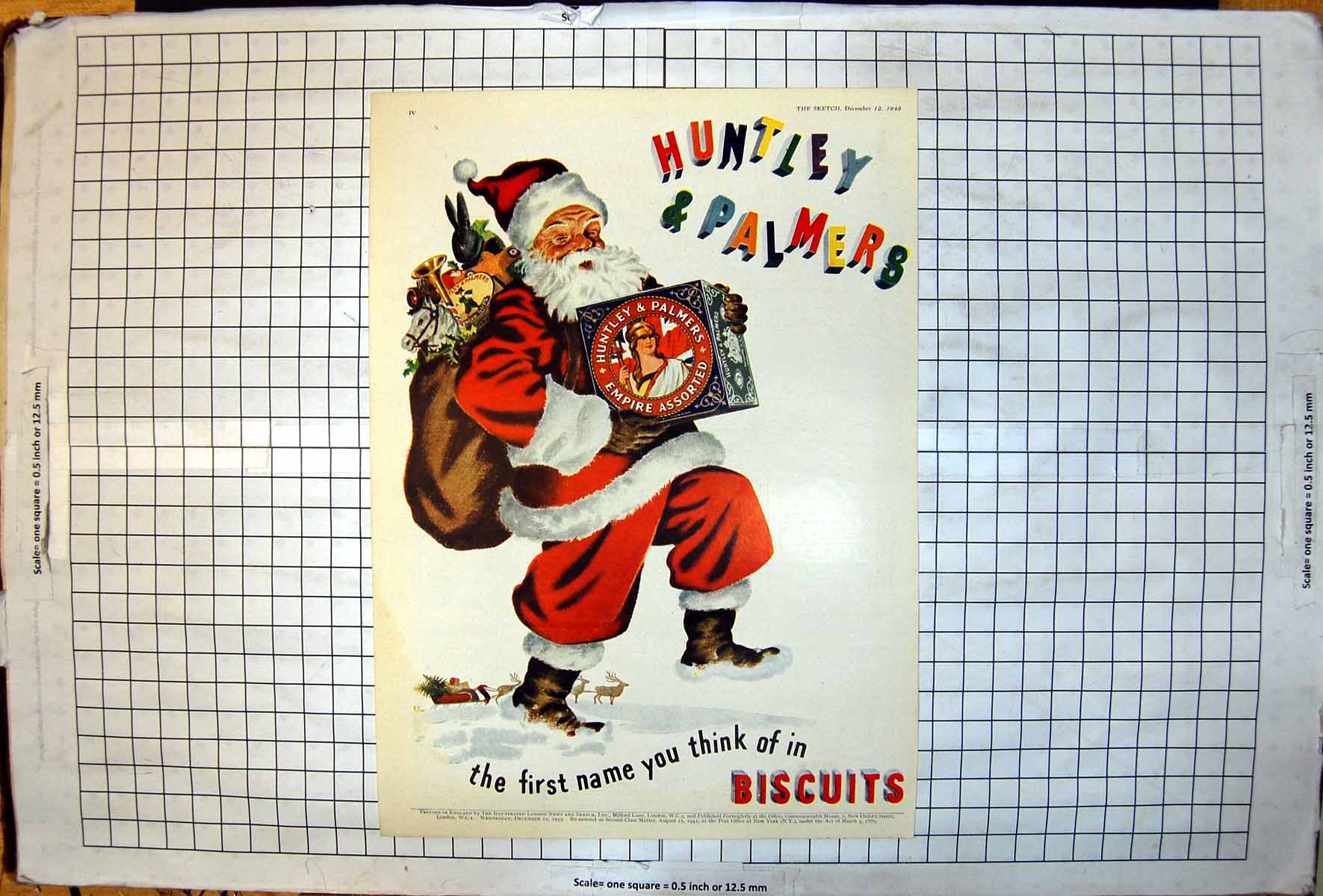 Old Vintage Print Huntley & Palmers First Name Biscuits Santa Sack 1945 20th