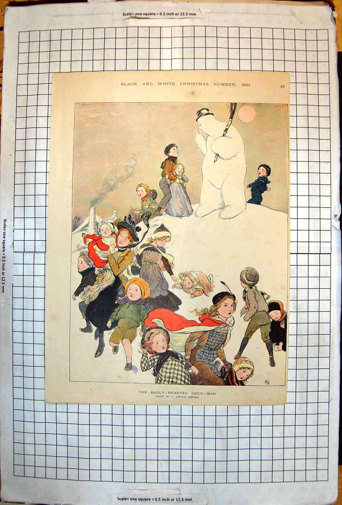 Antique Old Print Badly Behaved Snowman F Newton Shepard Christmas No 1901 20th