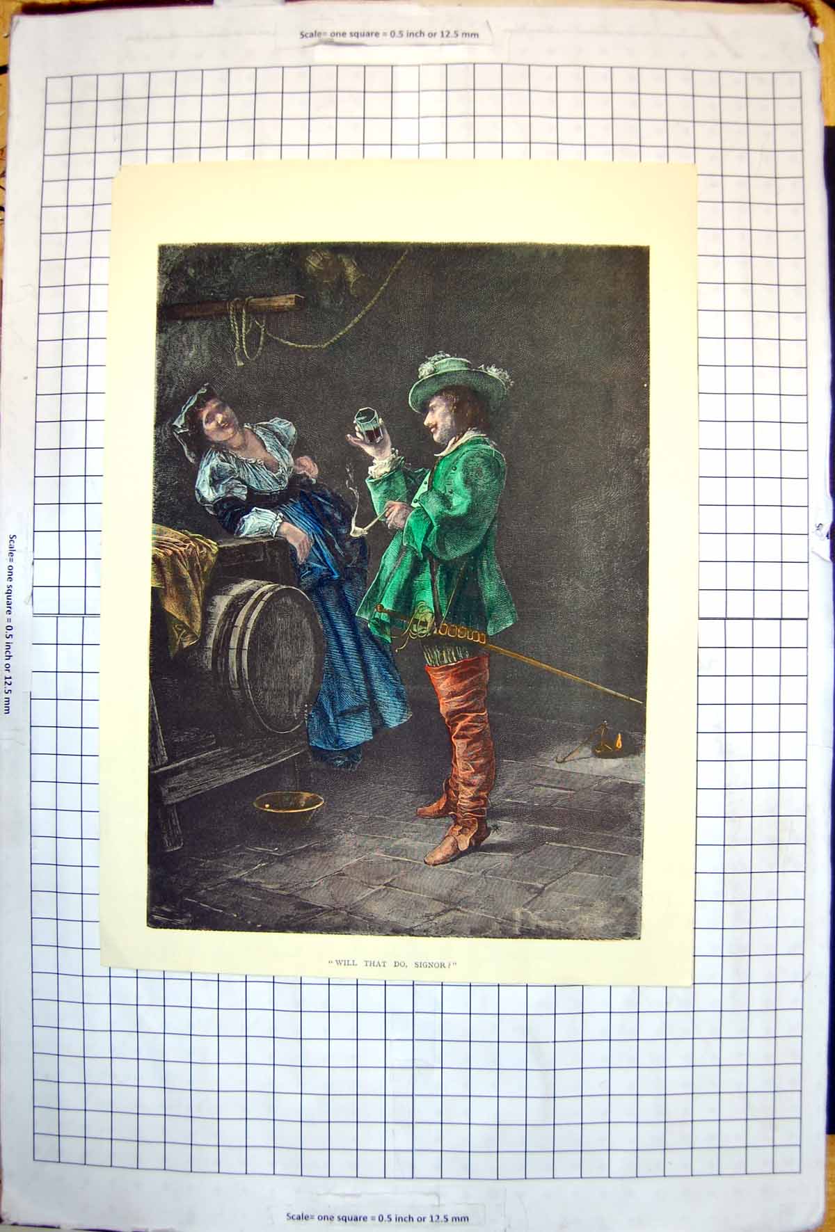 Antique Old Print Will That Do Signor? Woman Watching Man Drink Glass Barrel