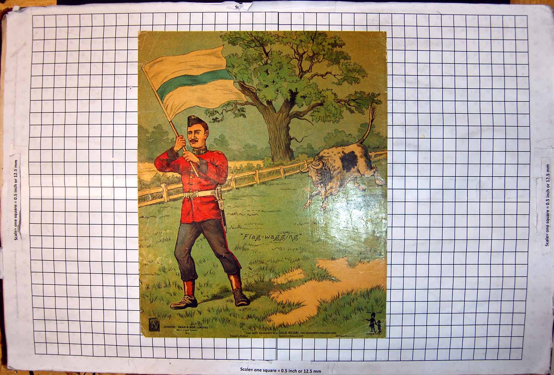 Original Old Antique Print Flag Wagging Sier Flying Flag Bull Ready Attack