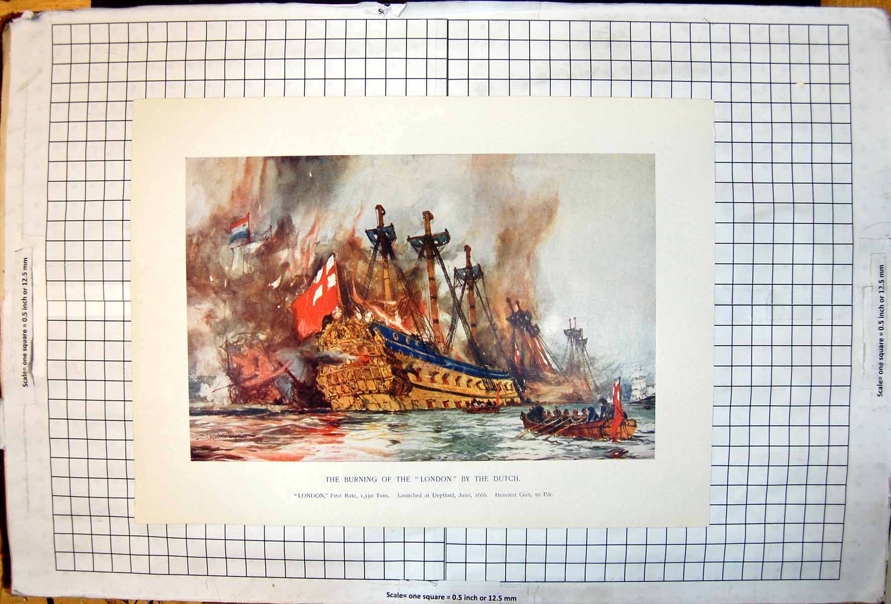 Antique Print Burning Ship London By Dutch Launched Deptford 1666 1350 Tons