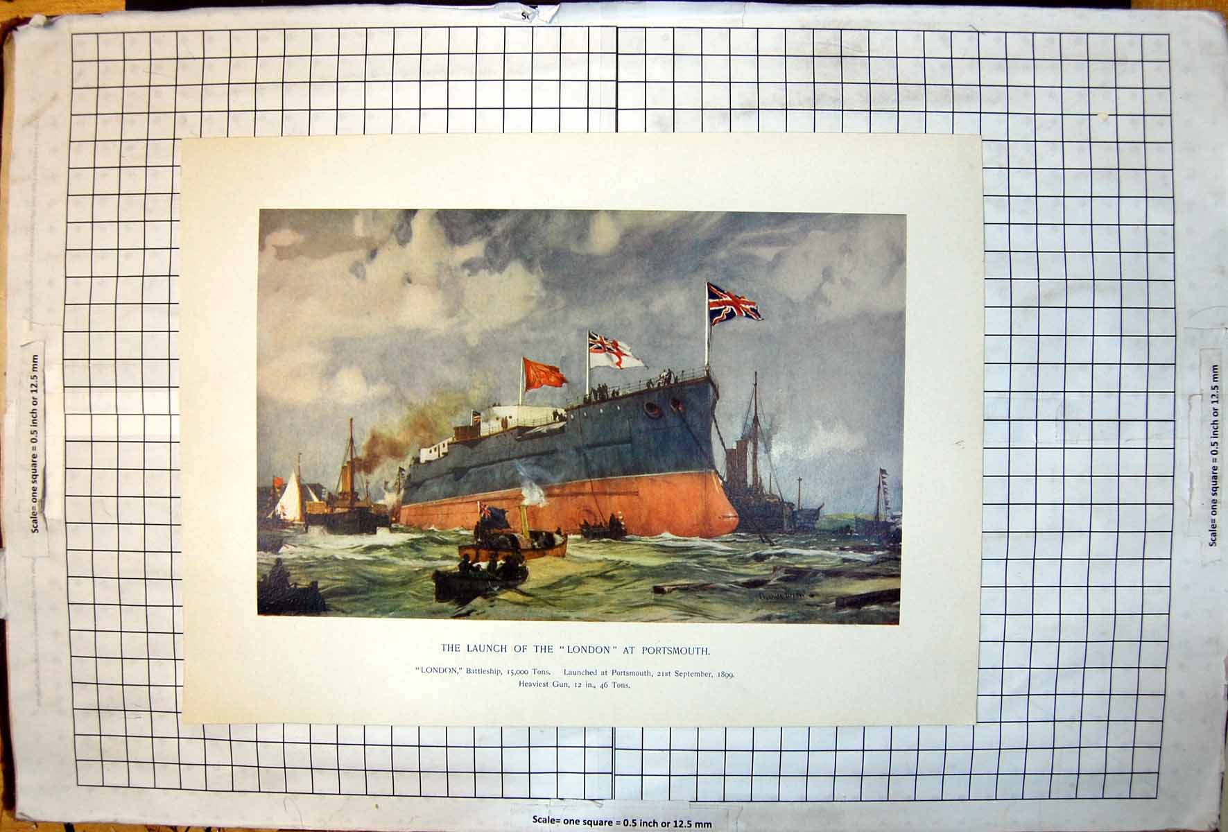 Antique Print Launch London Battleship Portsmouth 1899 15000 Tons 12In Gun 19th
