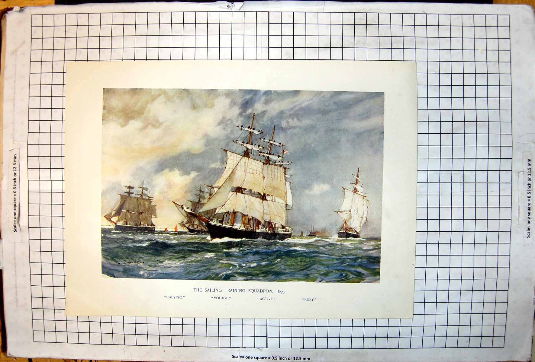 Antique Old Print Sailing Training Squadron 1899 Calypso Volage Active Ruby