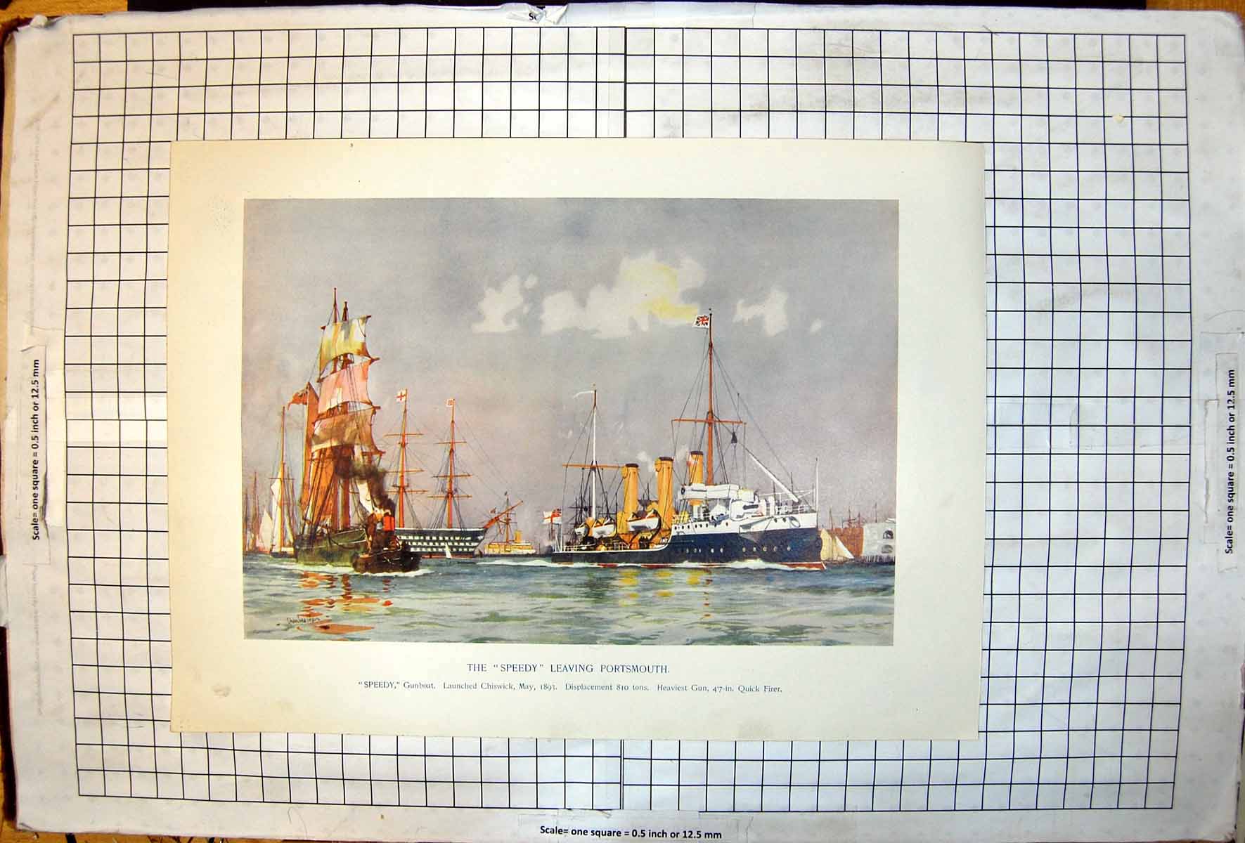 Antique Old Print Speedy Gunboat Leaving Portsmouth Launched Chiswick 1893 19th