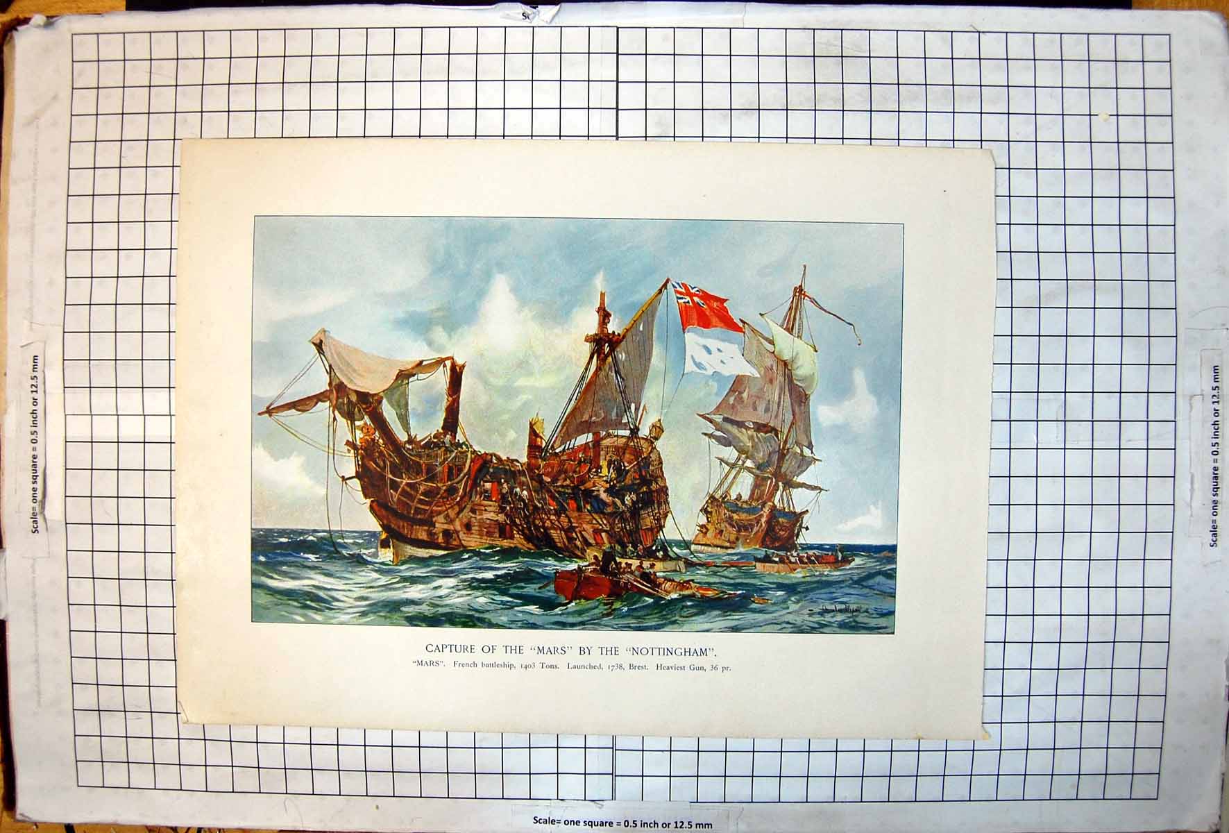 Antique Print Capture Mars By Nottingham Mars French Battleship Brest 1738