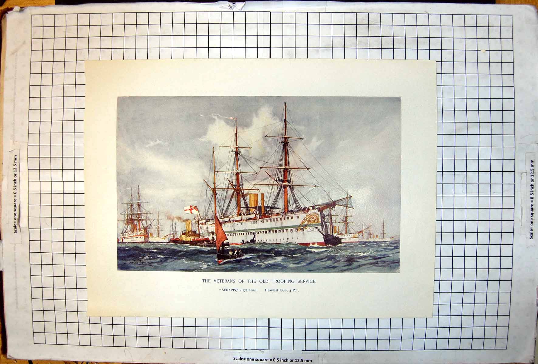 Antique Print Veterans Trooping Service Serapis 4173 Tons Heaviest GunPd