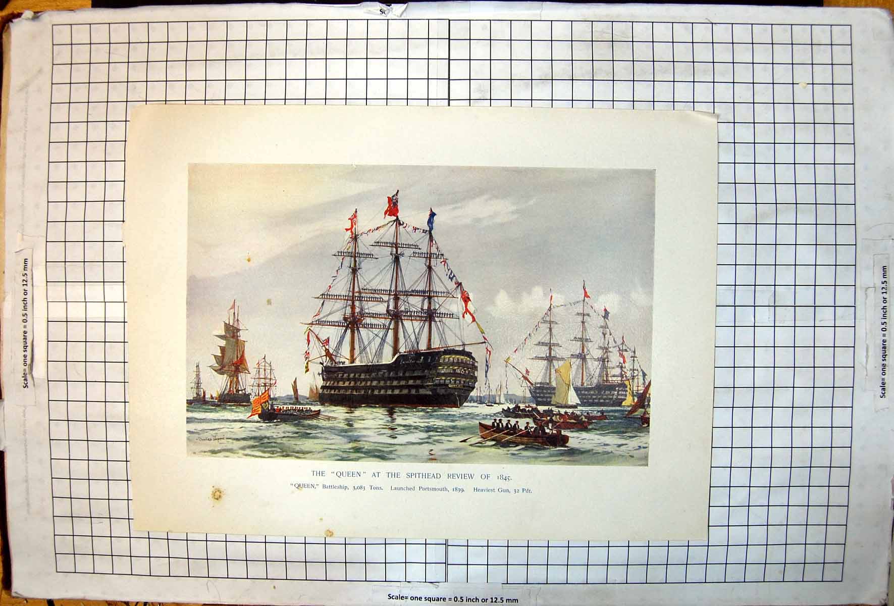 Old Print Queen Battleship Spithead Review 1845 Battleship Launched 1839 19th