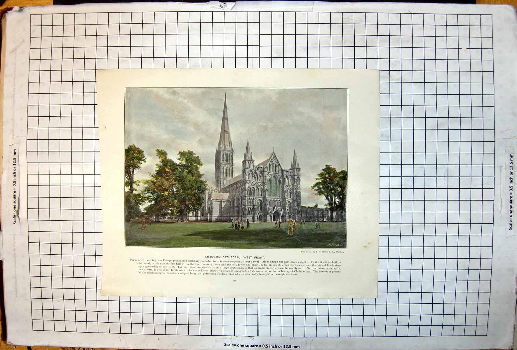Original Old Antique Print Salisbury Cathedral West Front Andre Sleigh 19th