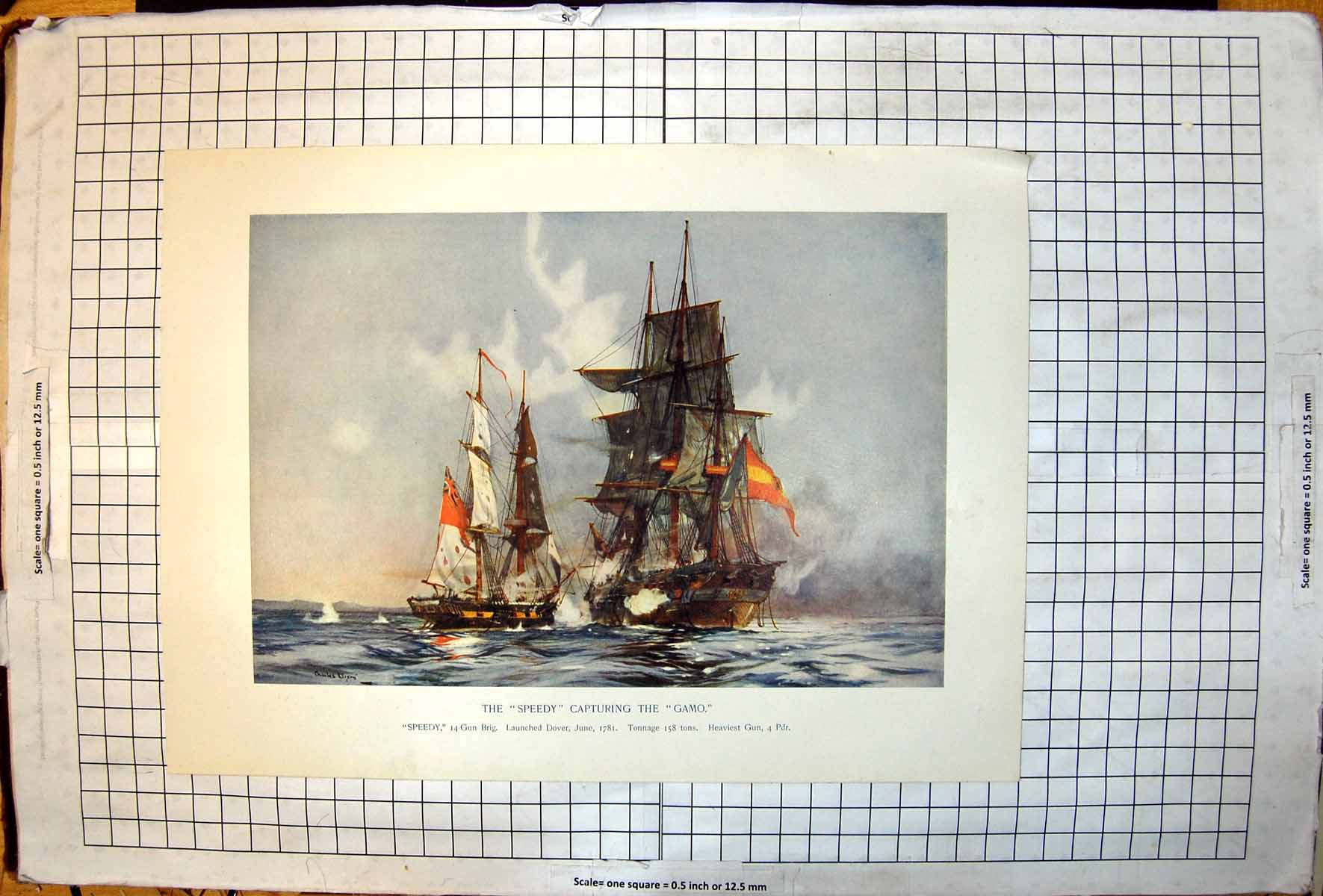 Old Print Fame Foul Weather Jack Fame Battleship Launched 1759 1565 Tons