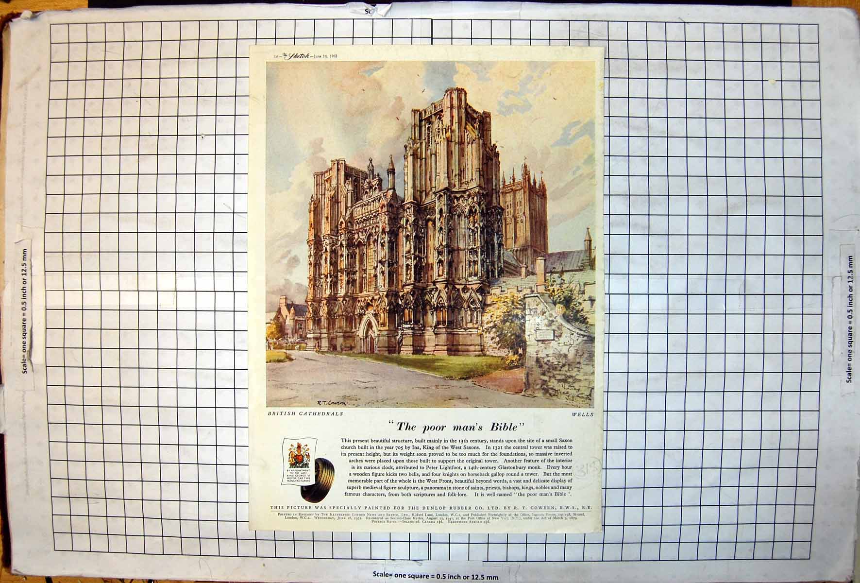 Antique Old Print Wells Cathedral Dunlop Rubber Co Whitbread Light Ale 1952
