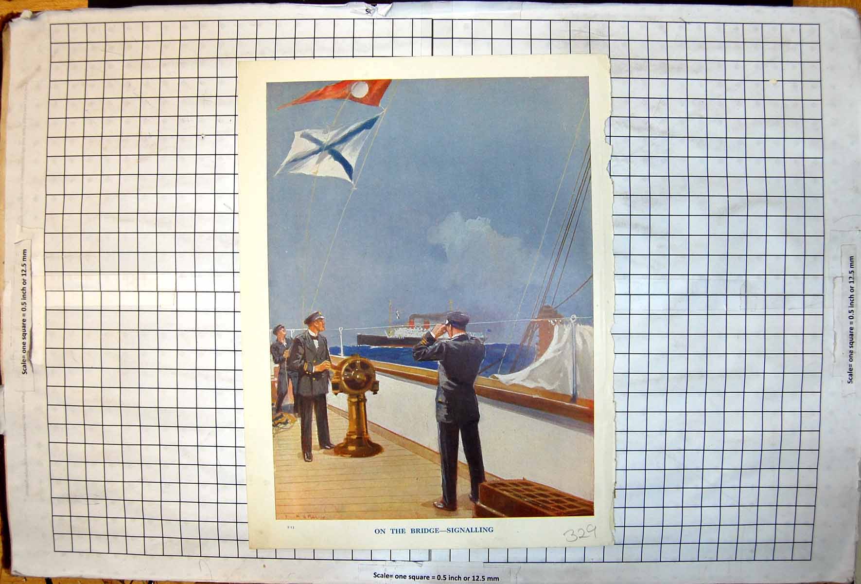 Antique Old Print On Bridge Signalling Looking Ship Binoculars Atlantic Liner